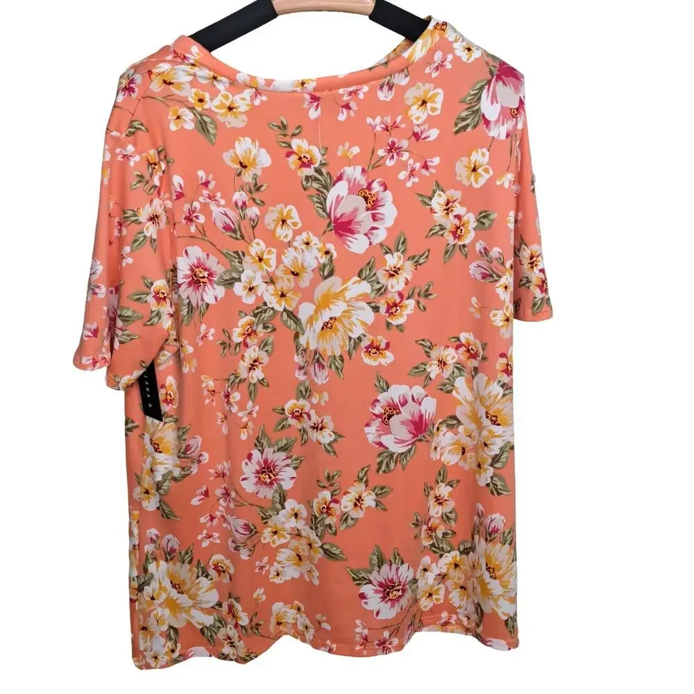 Tiana B Coral Pink Floral Short Sleeve Twist Front Top NWT Size 1X